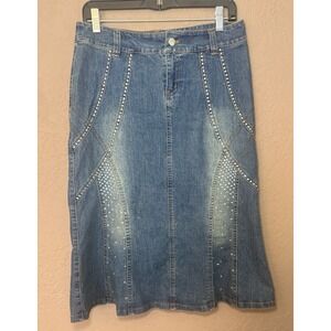 CACHE Rhinestone Cowgirl Western Bead Dazzler Denim Blue Jean Midi Skirt Sz 6